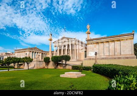 The Academy and the University of Athens, in Panepistimiou St., part of the architectural Athenian trilogy designed in 1859 by T. Hansen Stock Photo