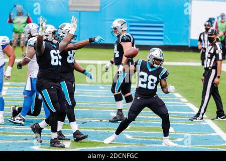 Charlotte, NC, USA. 22nd Nov, 2020. Carolina Panthers running back Mike Davis (28) celebrates the touchdown against the Detroit Lions in the NFL matchup at Bank of America Stadium in Charlotte, NC. (Scott Kinser/Cal Sport Media). Credit: csm/Alamy Live News Stock Photo