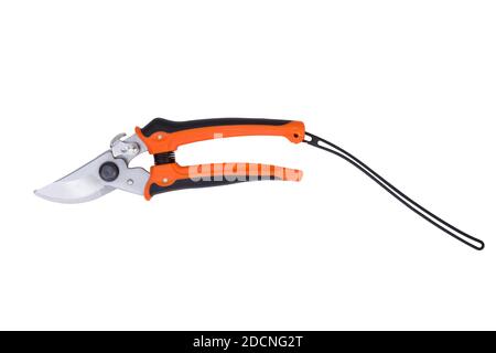 red gardening scissors isolated on a white background . Red garden pruner . Garden secateurs . Pliers Stock Photo