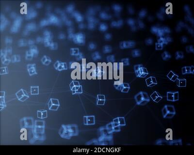 Abstract mesh line and point light block chain digital link network technology illuminated shape. Big data node base concept glow effect on black back Stock Photo