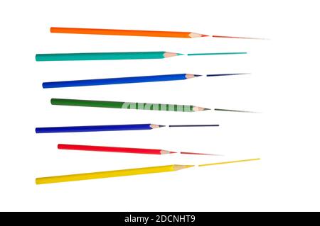 Sharpcoloured pencils. Drawn lines. Colour probe with different pressure forces. All rainbow colors. Isolated on white background at different angles. Stock Photo