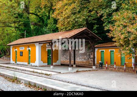 View of the old Milies Train Station. Milies is a traditional village, on the slopes of Mount Pelion, Greece. Stock Photo