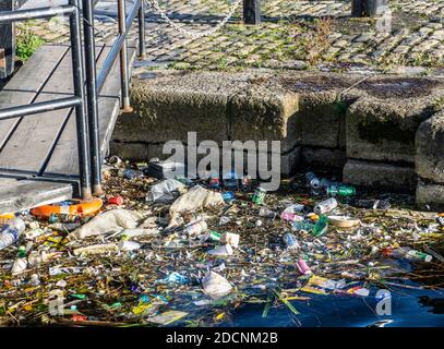 Rubbish washed into a part of The River Liffey in Dublin, Ireland.   The haul includes empty beer cans, plastic bottles, food containers etc. Stock Photo