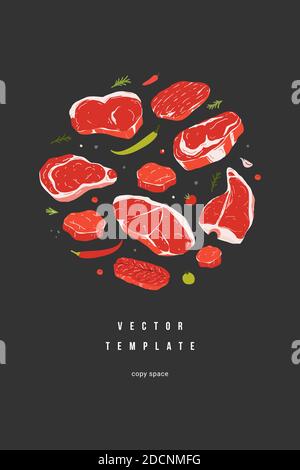 Steak poster template, vector menu for steakhouse or butchery shop, copy space for text, realistic handdrawn illustration, various beef cuts Stock Vector