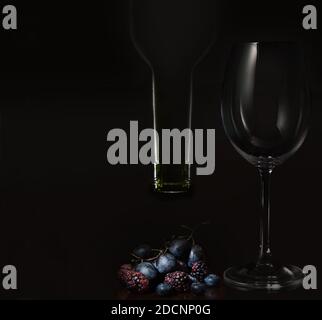 https://l450v.alamy.com/450v/2dcnp0g/the-neck-of-the-wine-bottle-upside-down-ripe-forest-fruits-and-grapes-and-an-empty-wine-glass-all-in-an-atmosphere-of-chiaroscuro-2dcnp0g.jpg