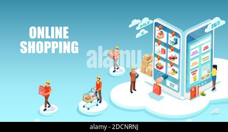 Vector of a woman shopping and paying online using smartphone apps Stock Vector