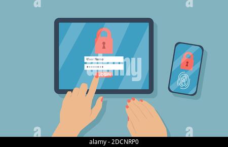 Vector of a woman login into her digital tablet and smart phone with two factor authentication security process Stock Vector