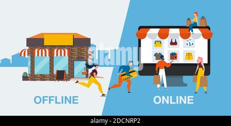 Vector of people customers switching from offline to online shopping Stock Vector