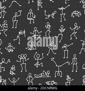 black white vector seamless pattern with people bodies in different poses on dark gray mathematical squared background for paper and textile Stock Vector