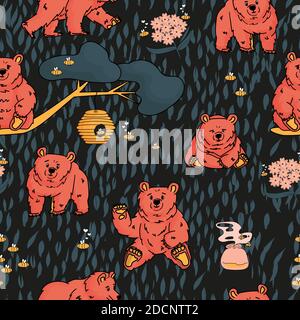 Seamless repeat pattern of hand drawn bears that walk and sit, honey, forget me nots, beehive, smell of honey, tree, branch, bees. Dark background Stock Vector