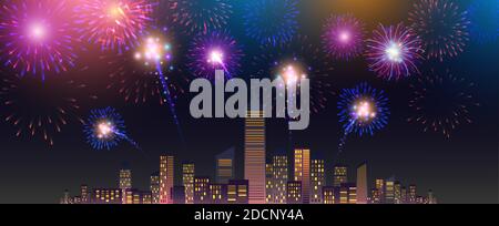 Fireworks Display over the Night City, vector illustrated background. Stock Vector