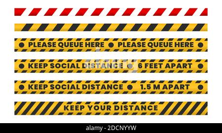 Collection of social distance floor tapes. Warning safety rules for shopping and service during covid-19. Vector illustration of keep distance signs Stock Vector