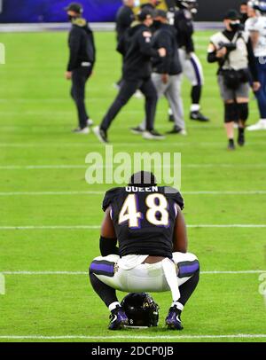 Baltimore Ravens linebacker Patrick Queen (6) walks back to the line of  scrimmage during a NFL football game against the Tampa Bay  Buccaneers,Thursday, Oct. 27, 2022 in Tampa, Fla. (AP Photo/Alex Menendez