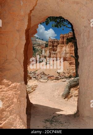View Through An Rock Arch On The Pekaboo Loop Trail At Bryce Canyon National Park On A Sunny Summer Day With A Clear Blue Sky And A Few Clouds Stock Photo
