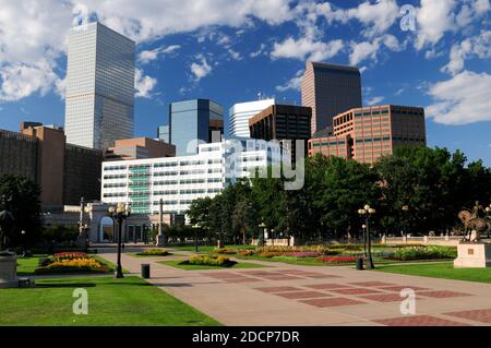 View From The Civic Center Park To The Skyscrapers Of The Financial District In Denver Colorado On A Sunny Summer Day With A Clear Blue Sky And A Few Stock Photo