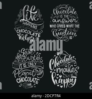 Chocolate hand lettering chalk quotes set. Christmas winter word composition. Vector design elements for t-shirt, bag, poster, card, sticker and menu Stock Vector