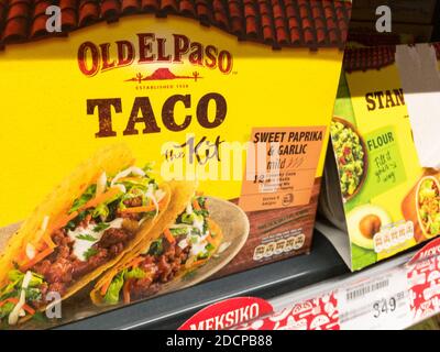 BELGRADE, SERBIA - OCTOBER 30, 2020: Old El Paso logo on taco kit boxes for sale in Belgrade. Old el paso is an american brand from general mills spec Stock Photo