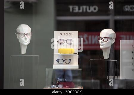 BELGRADE, SERBIA - AUGUST 26, 2020: Gucci logo in front of their main boutique selling glasses eyewear and sunglasses. Gucci is a luxury fashion desig Stock Photo