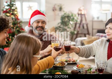 Mature couple, young woman and cute girl clinking with flutes of homemade drinks Stock Photo