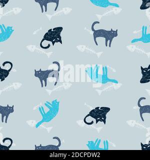 Vector light blue spaced out rows mystery cat pen sketch seamless pattern with fish bones background. Perfect for fabric, scrapbooking and wallpaper Stock Vector