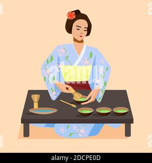 Japan matcha tea. Japanese ceremony with Matcha. Eastern Girl woman prepres tea. Hands holding tea items. Stock Vector