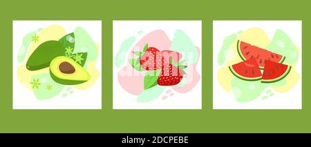 Set fruit for a Healthy diet. Fresh vitamins avocado strawberry watermelon. Stock Vector