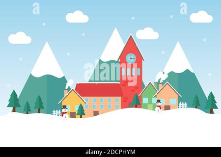 Winter in a small mountain village with retro houses and it snowing. Winter and holiday concept Stock Vector