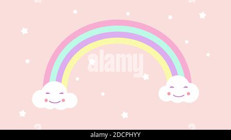 Kawaii funny white clouds set, muzzle with pink cheeks and winking eyes, rainbow on light pink background. Vector. Stock Vector