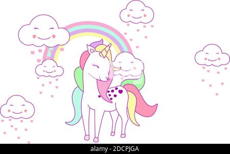 Vector illustration of a cute unicorn with rainbow in kawaii style. Unicorn on clouds with rainbow Stock Vector