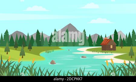 Cartoon forest landscape with mountains, river and fir-trees. Sunset or sunrise scenery background. Vector illustration. Stock Vector