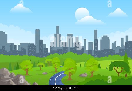 Road way to city buildings on horizon vector illustration, highway cityscape flat cartoon, modern big skyscrapers town far away ahead, forest perspect Stock Vector