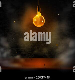 Glowing light bulb is hanging. Vector illustration light bulbs on dark black background, copyspace, transparent vector. Stock Vector