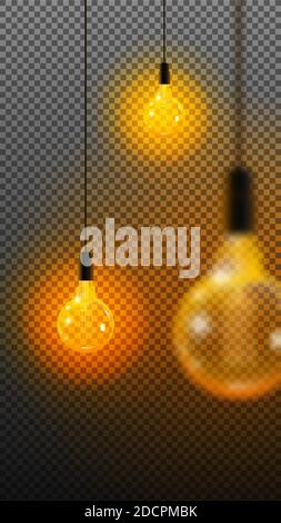 Realistic and colored vintage glowing light bulbs transparent set with included lamps in loft style vector illustration. Stock Vector