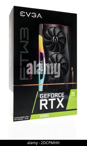 Winneconne, WI -9 November 2020:  A package of EVGA geforce rtx 3080 nvida card video on an isolated background. Stock Photo