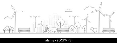 Bike in a park with bench and recycle bin. Line icons. Healthy sustainable lifestyle concept. Recreation and relaxation in the city. Black outline on Stock Vector