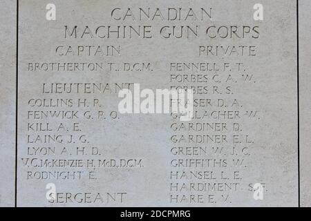 Mention of the Canadian VC recipient lieutenant Hugh McDonald McKenzie (1885-1917) at the Menin Gate Memorial to the Missing in Ypres, Belgium Stock Photo