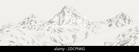 Mountain range climbers with backpacks walking through heavy snow in winter season, Climbing and mountaineering sport, hand drawn vector illustration. Stock Vector