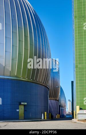 Brooklyn, NY - November 16 2020: The stainless steel egg-shaped structures house the sludge digesters at the the Newtown Creek Wastewater Treatment Pl Stock Photo