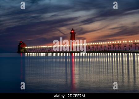 South Pier and lighthouses in Grand Haven, Michigan. Stock Photo