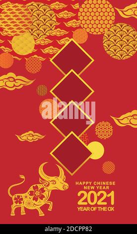 Happy chinese new 2021 year, year of the ox. Set of vertical banners. Template banner, poster in oriental style Stock Vector