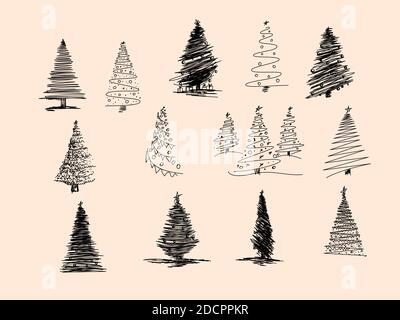 Set of Christmas tree hand drawn. Vector illustration. Hand drawn doodle sketch with ink. Vector illustration set. Stock Vector