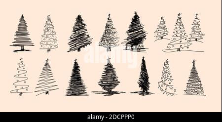 Set of stylized pine silhouettes. Vector illustration. Different type Christmas tree hand drawn vector set, Sketch style different type pine tree set. Stock Vector