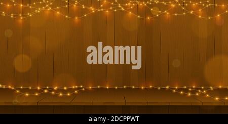 Vector shiny lights chain on wooden texture poster background. Natural wood holiday background with festive round light bulbs Stock Vector