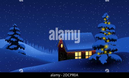 Vector of winter landscape with house in forest. Winter, night and house. Snow and light Stock Vector