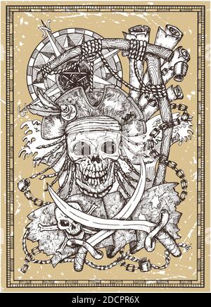 Scary pirate skull in gallows noose with Jolly Roger flag, compass, sabres in frame on texture. Vector graphic illustration with adventure concept in Stock Vector