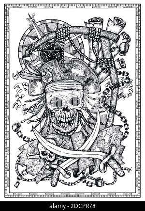 Pirate skull with Jolly Roger, compass and rope for gallows with hangman noose isolated. Vector graphic illustration with adventure concept in vintage Stock Vector