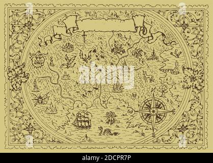 Vector fantasy map with baroque decorative frame and mythology creatures. Hand drawn graphic illustration, old transportation background in vintage st Stock Vector