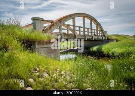 The old lichen-covered concrete bridge in Cadillac, SK  with green grass in foreground Stock Photo