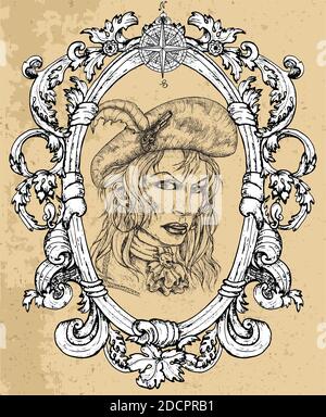 Portrait of beautiful pirate captain woman in hat on texture background. Hand drawn engraved vector illustration of sailor, seaman or seafarer in old Stock Vector