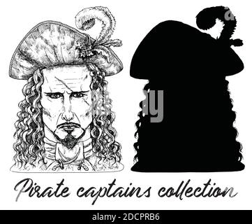 Pirate captain with scar and silhouette isolated on white. Hand drawn engraved vector illustration of sailor, seaman or seafarer in old vintage style Stock Vector